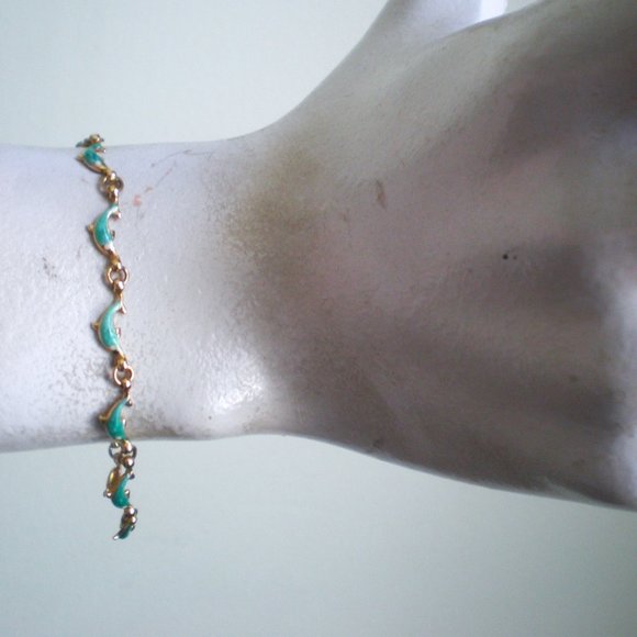 Vintage Solid 14K Yellow Gold Turquoise Blue Enamel Dolphin Tennis BRACELET - Picture 6 of 6